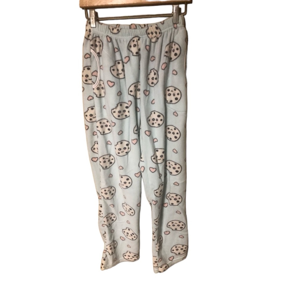 Fleece Cookie Heart Pyjama Bottoms Blue Pink White Pants